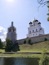 Trinity Cathedral, Pskov, Russia. Pskov Krom or Kremlin. Ancient fortress. Domes. Famous place. Travelling. Russian tourist