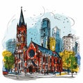 Trinity Church in Boston. Trinity Church in Boston hand-drawn comic illustration. Vector doodle style cartoon illustration