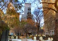 Trinity Church and Churchyard Cemetery during the winter, downtown, Manhattan, NY Royalty Free Stock Photo