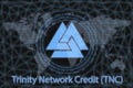 Trinity Network Credit TNC Abstract Cryptocurrency. With a dark background and a world map. Graphic concept for your design