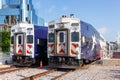 Trinity Railway Express TRE commuter trains public transport at Union Station in Dallas, United States