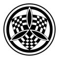 Trinity symbol over a checkered emblem within circles