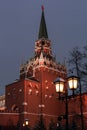 Trinity tower is the Central travel tower of the North-Western wall of the Moscow Kremlin, facing the Alexander garden. Moscow, Royalty Free Stock Photo