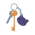 Trinket with Brass and Silver Key Hanging with Cat Keychain or Keyring Vector Illustration