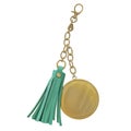 Trinket with metal round medal and leather tassel on chain and carbine. Accessories for bags and wallets.