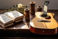 The trio of acoustic guitar, notepad, and cup fosters a musical brainstorm.