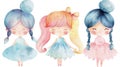 Three charmingly illustrated little girls, each with a unique hairstyle and colorful outfit, are depicted in a warm