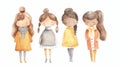 Three charmingly illustrated little girls, each with a unique hairstyle and colorful outfit, are depicted in a warm