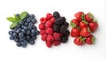 Trio of Berries Blueberries, Raspberries, Strawberries Flatlay Composition Royalty Free Stock Photo