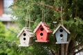 a trio of birdhouses on a tree