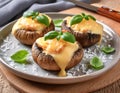 A trio of cheese-topped mushrooms on a plate Royalty Free Stock Photo