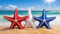 Trio of Colorful Red, White, and Blue Starfish on a Sunny Beach: Copy-space Royalty Free Stock Photo