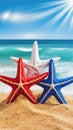 Trio of Colorful Red, White, and Blue Starfish on a Sunny Beach: Copy-space Royalty Free Stock Photo