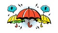 Trio of Comic Umbrellas in Rain with Lightning Pop Art, vector design Generative AI Royalty Free Stock Photo