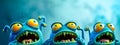 Trio of comical blue monsters with big eyes and open mouths in a water droplet environment.