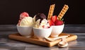 Trio of delicious ice cream flavors in a cone Creating using generative AI tools