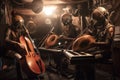 a trio of extraterrestrial musicians performing with their unique instruments, creating a heavenly soundscape Royalty Free Stock Photo