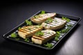 a trio of grilled tofu steaks on a sleek black round plate