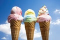 a trio of ice cream cones against blue sky