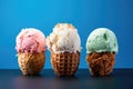 trio of ice cream scoops in cone against a blue background