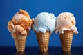 trio of ice cream scoops in cone against a blue background