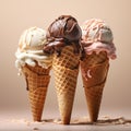 Trio of Icecream. Scoops of vanilla, Strawberry and Chocolate Royalty Free Stock Photo