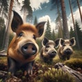 Curious Kunekune Pigs in a Lush Forest Setting - AI generated digital art