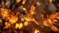 A trio of metal birds seems to come alive in the warm glow of the fire their wings spread wide as if taking flight. 2d Royalty Free Stock Photo