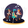 Trio musicians for cello, violin and saxophone on stage color flat illustration