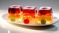 Trio of orange and red jelly desserts on a white plate with marbles. Ideal for Pastry shop catalogs, dessert recipe