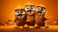 A trio of owls singing. Looks like they could be singing in barbershop quartet style. AI Generated.