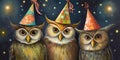 A trio of owls wearing whimsical party hats, poised against a festive background, inviting observers to a playful