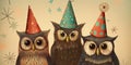 A trio of owls wearing whimsical party hats, poised against a festive background, inviting observers to a playful