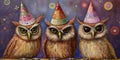 A trio of owls wearing whimsical party hats, poised against a festive background, inviting observers to a playful