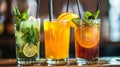 Trio of Refreshing Cocktails Served on a Bar Counter Royalty Free Stock Photo