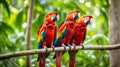 Trio of Scarlet Macaws on Tree Branch in Dense Rainforest Royalty Free Stock Photo