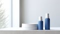 A trio of sleek cosmetic bottles with a minimalist design on a muted backdrop, perfect for branding