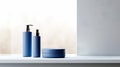 A trio of sleek cosmetic bottles with a minimalist design on a muted backdrop, perfect for branding