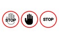 Trio of stop signs. Black hand silhouette and text. Prohibition alert symbols. Vector illustration. EPS 10.