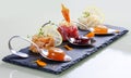 Trio of Tartars. Tuna, scallop, salmon Royalty Free Stock Photo