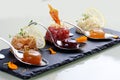 Trio of Tartars. Tuna, scallop, salmon Royalty Free Stock Photo