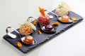 Trio of Tartars. Tuna, scallop, salmon Royalty Free Stock Photo