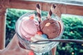 Trio of tasty chocolate, vanilla and strawberry flavored frozen dessert in a bowl with two wafer straws, Bali.