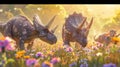 A trio of triceratops standing in a field of wildflowers their bodies basking in the dappled sunlight Royalty Free Stock Photo