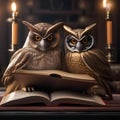 A trio of wise owls reading a book of ancient animal traditions to welcome the new year1 Royalty Free Stock Photo