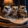 A trio of wise owls reading a book of ancient animal traditions to welcome the new year2