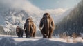 A trio of woolly mammoths trudges over snow covered hills. Behind them, mountains with snow covered peaks rise above dark green