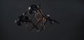 Trio of young female acrobats posing on a cube suspended at a height. Aerial gymnasts perform in studio against dark