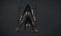 Trio of young female acrobats posing on a cube suspended at a height. Aerial gymnasts perform in studio against dark
