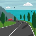 Trip along the mountainous shore of the sea. Cute small car rides on mountain road and the sea on background. Vector illustration.